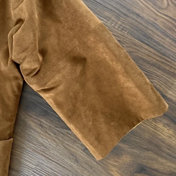 VTG 70s Suede Leather Mod Trench Coat Womens 2X-3X Brown Minimalist Patch Pocket - Picture 4 of 8